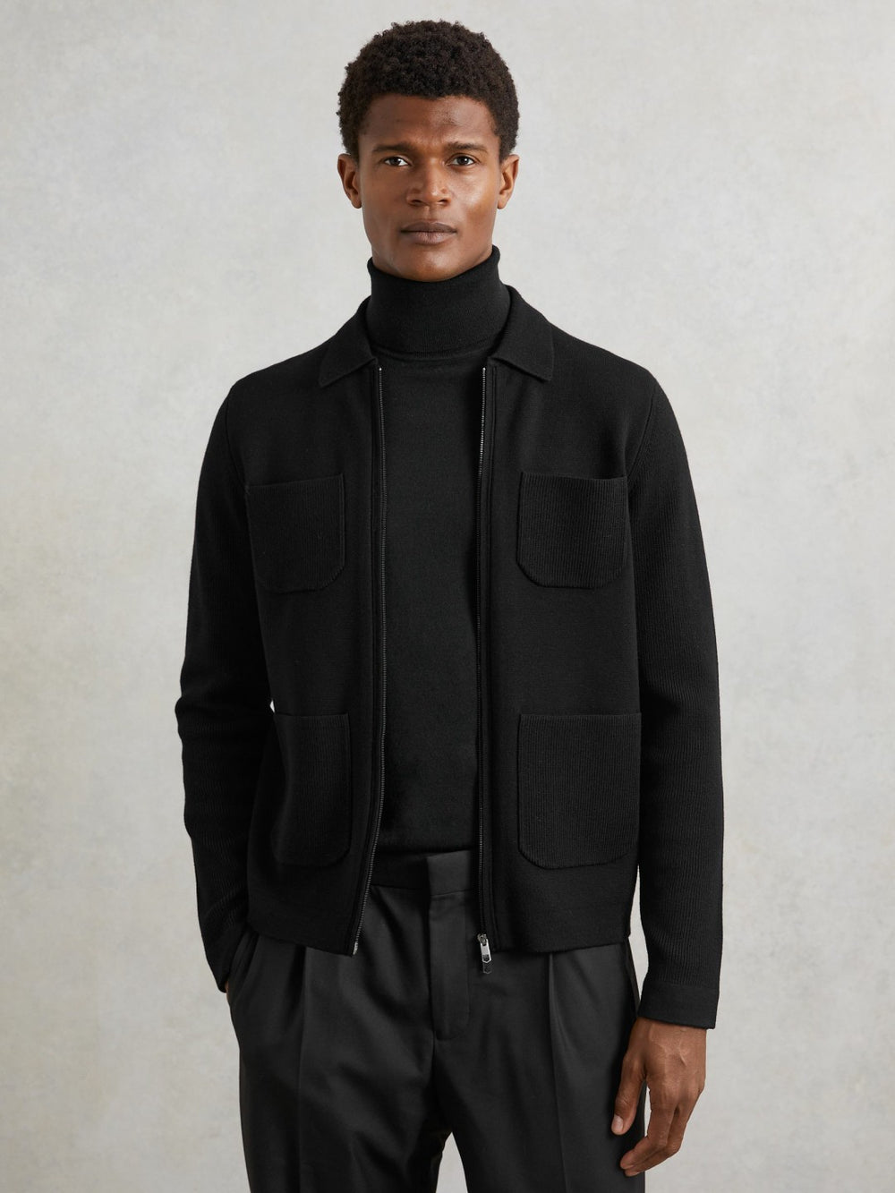 Men Four-Pocket Zip-Through Cardigan in Black