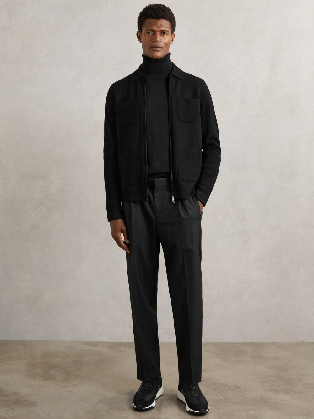 Men Four-Pocket Zip-Through Cardigan in Black