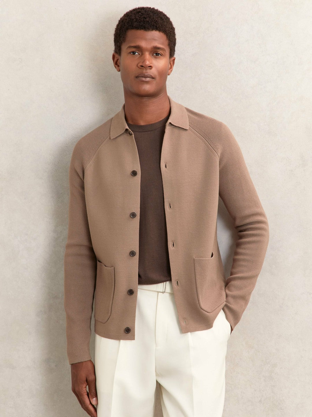 Men Button-Through Ribbed-Sleeve Shirt in Camel Brown