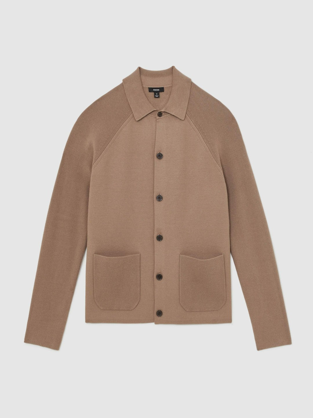 Men Button-Through Ribbed-Sleeve Shirt in Camel Brown