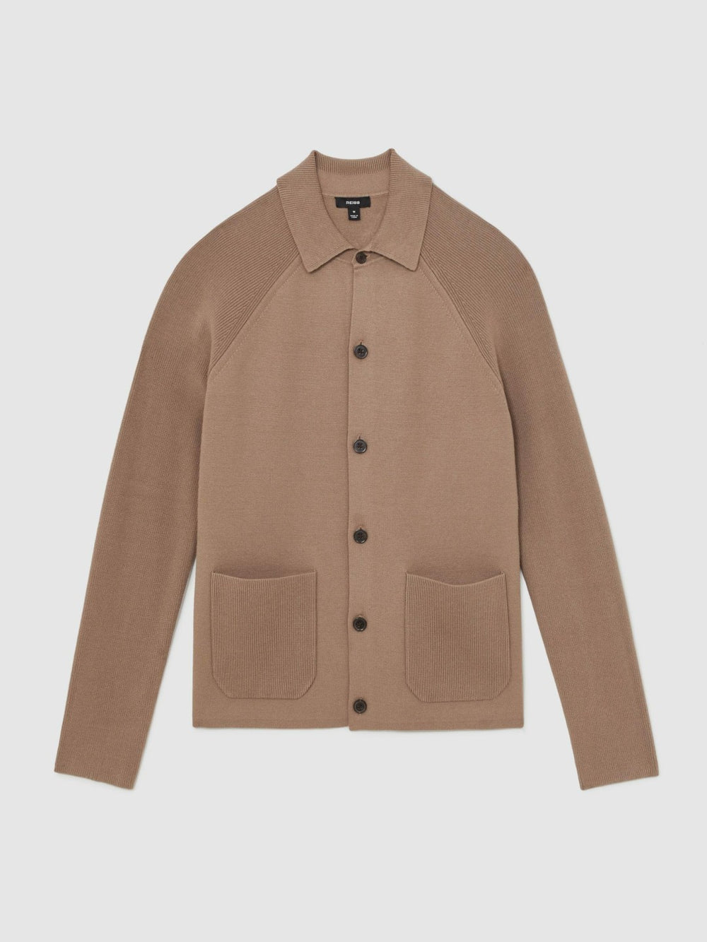 Men Button-Through Ribbed-Sleeve Shirt in Camel Brown