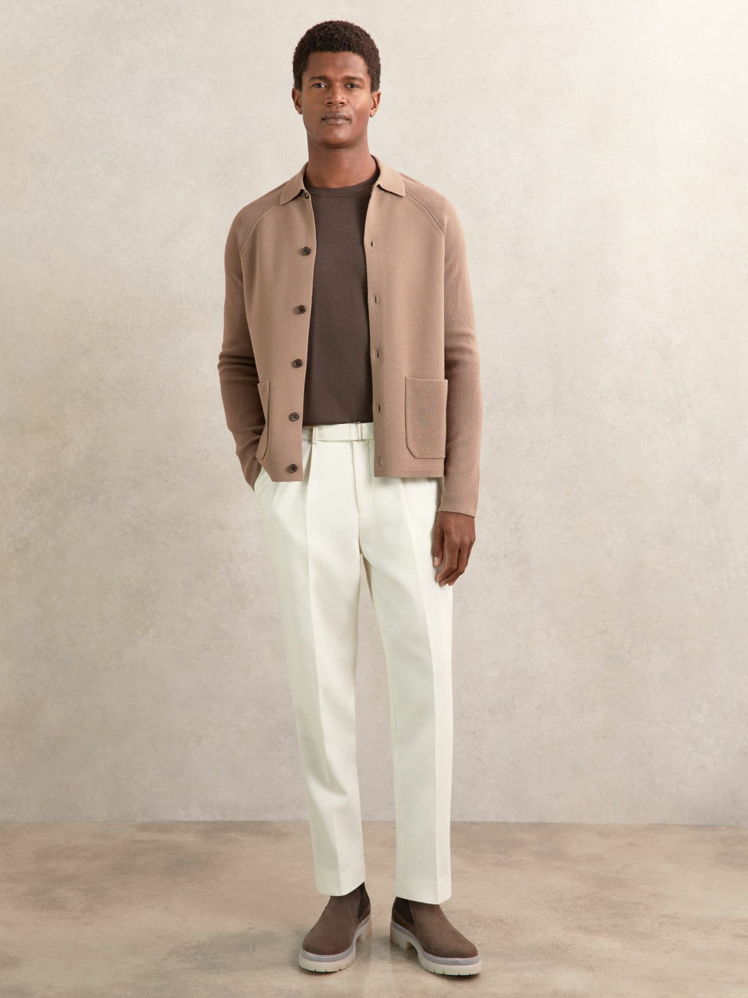 Men Button-Through Ribbed-Sleeve Shirt in Camel Brown