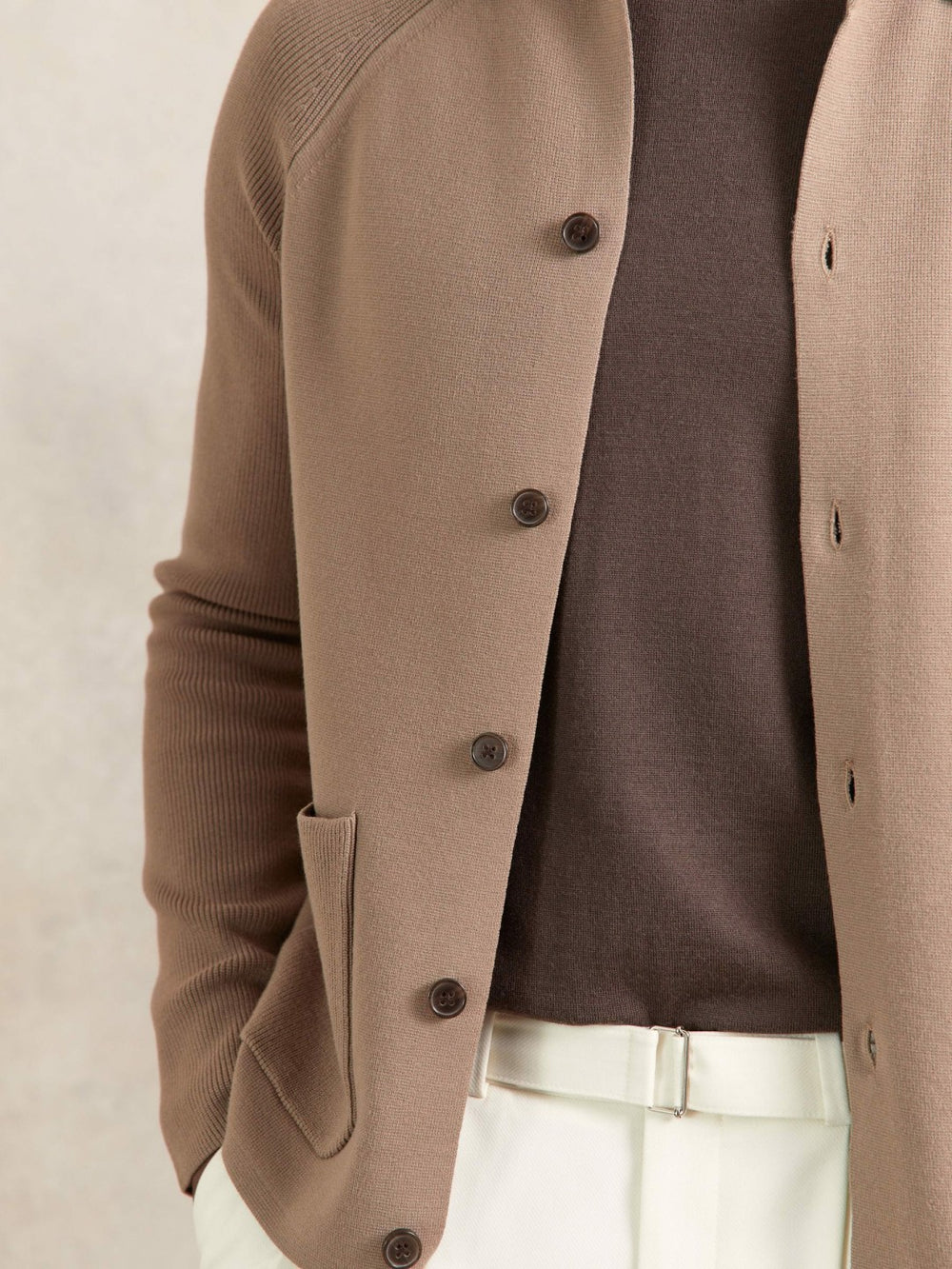 Men Button-Through Ribbed-Sleeve Shirt in Camel Brown