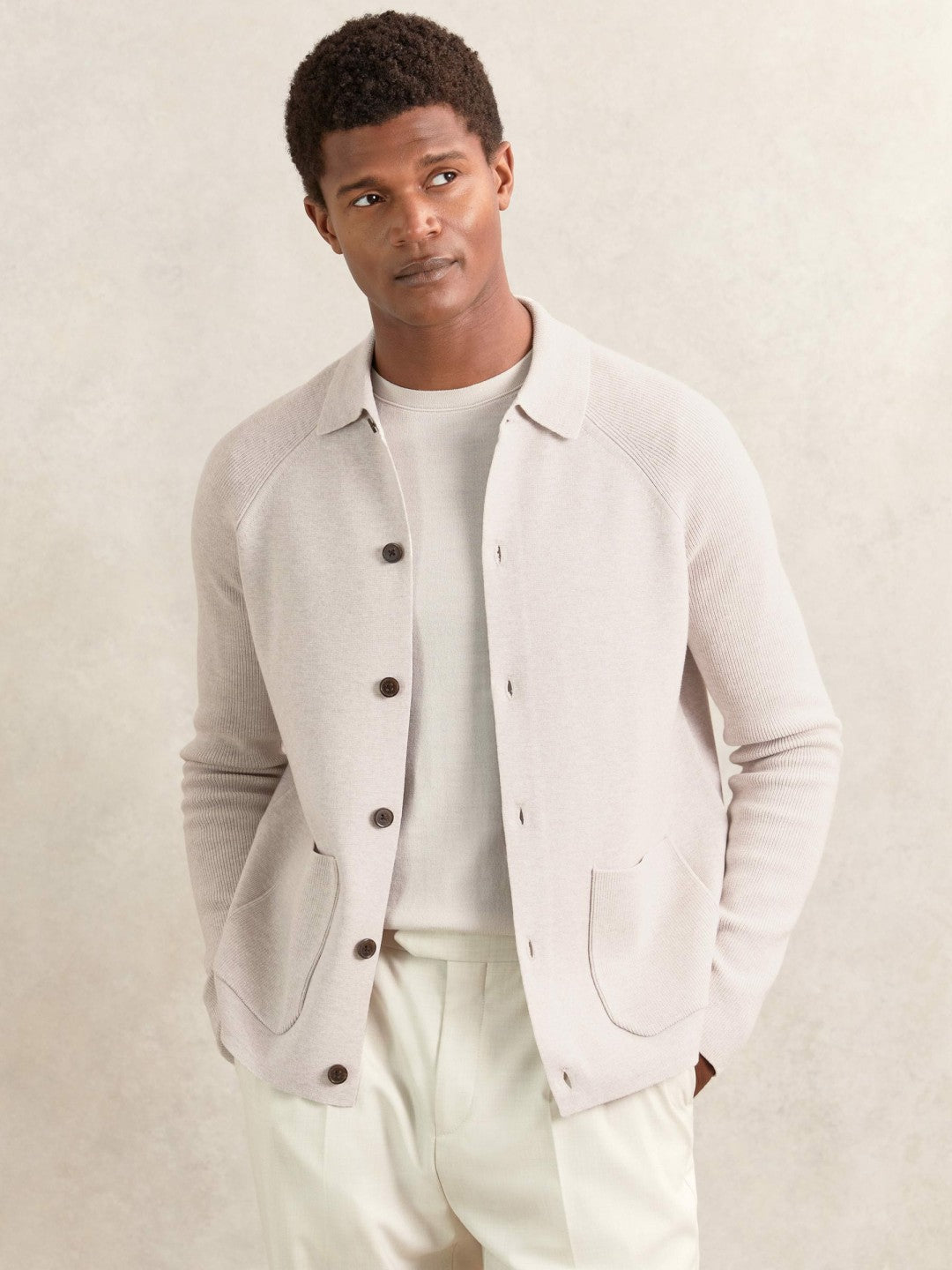 Men Button-Through Ribbed-Sleeve Shirt in Oatmeal Brown