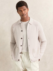 Men Button-Through Ribbed-Sleeve Shirt in Oatmeal Brown