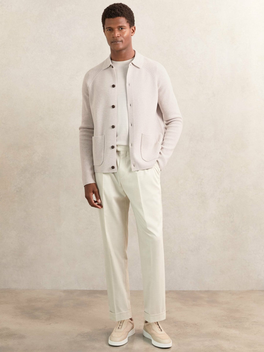 Men Button-Through Ribbed-Sleeve Shirt in Oatmeal Brown
