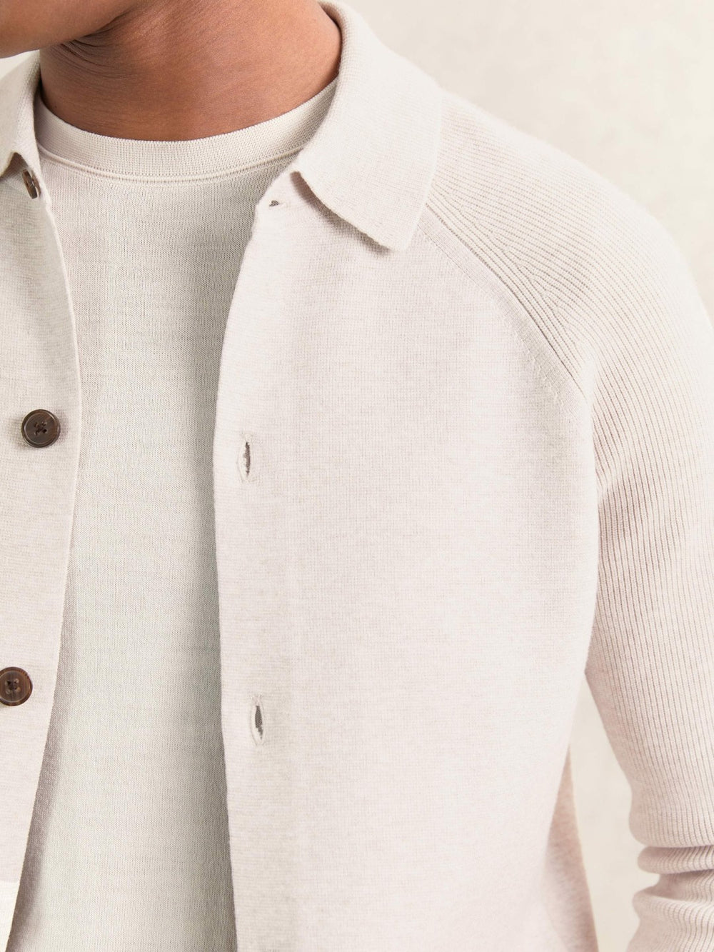 Men Button-Through Ribbed-Sleeve Shirt in Oatmeal Brown