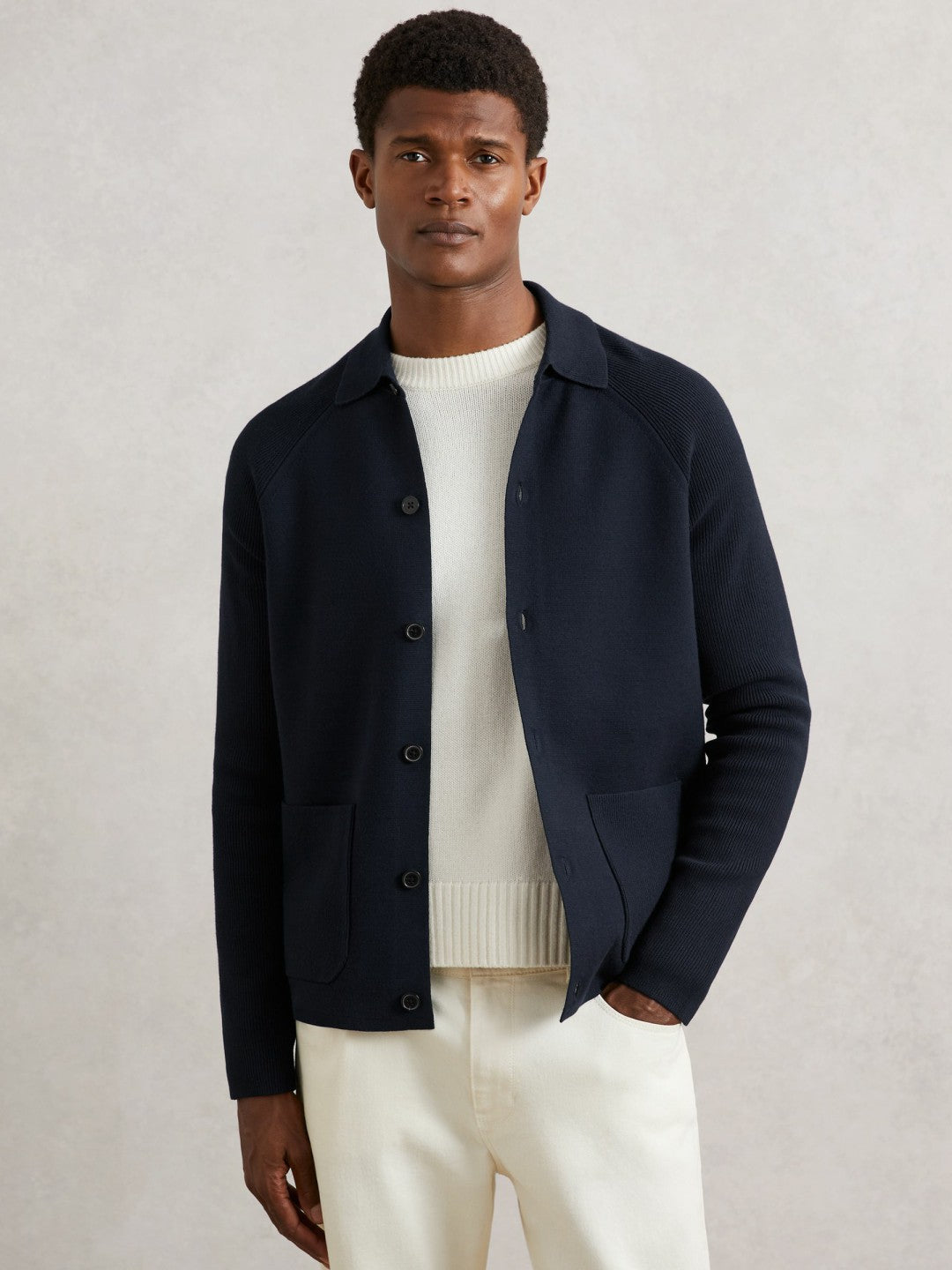 Men Button-Through Ribbed-Sleeve Shirt in Navy Blue