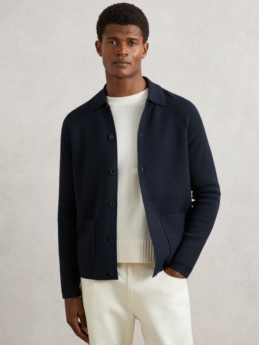 Men Button-Through Ribbed-Sleeve Shirt in Navy Blue