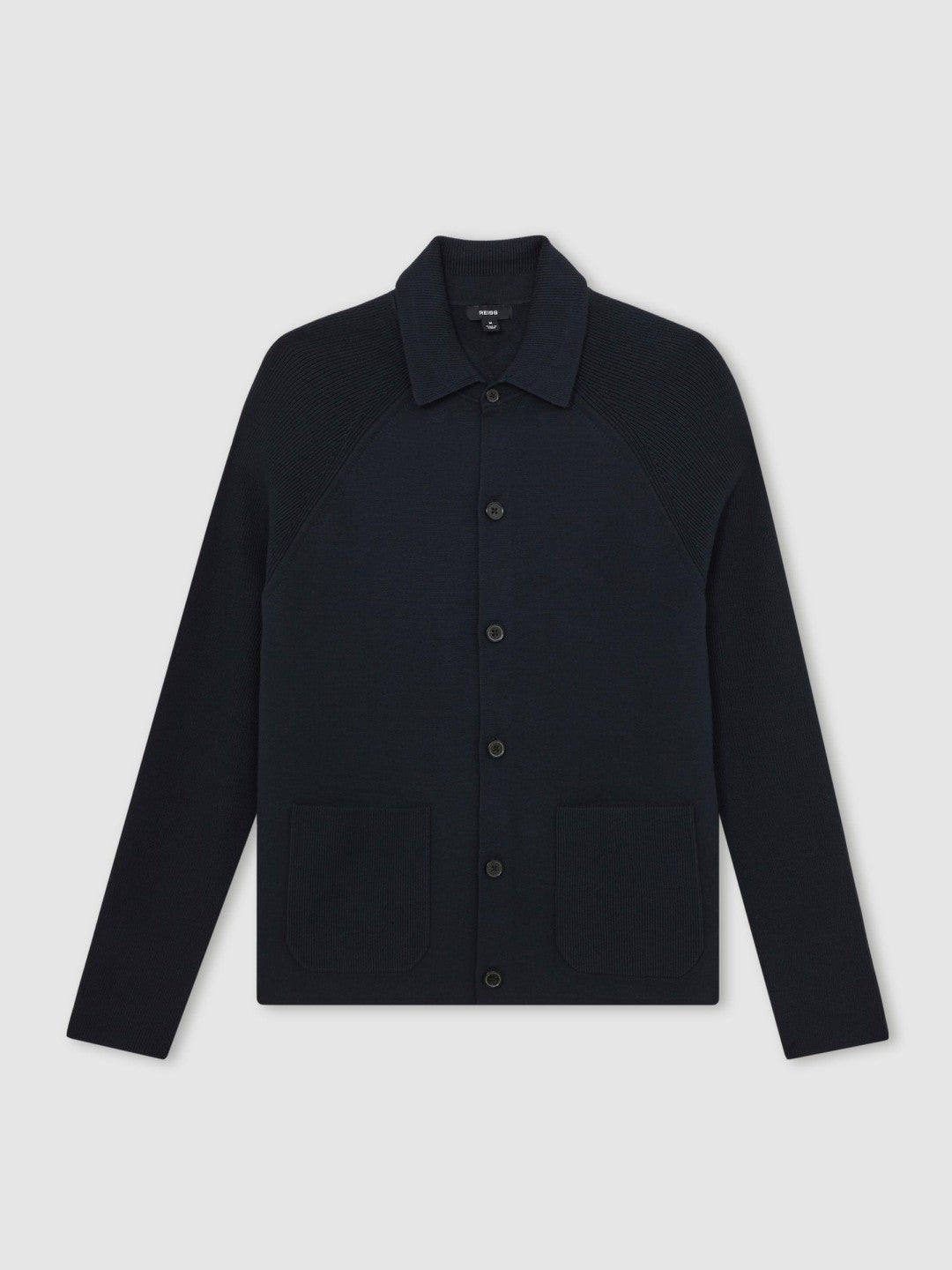 Men Button-Through Ribbed-Sleeve Shirt in Navy Blue