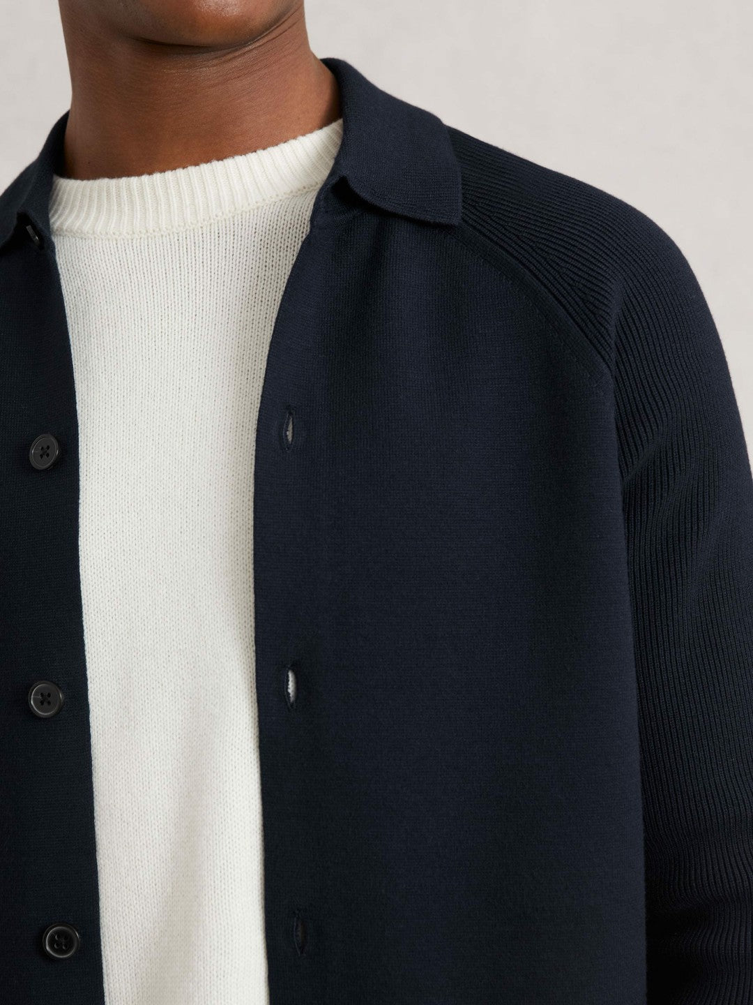 Men Button-Through Ribbed-Sleeve Shirt in Navy Blue