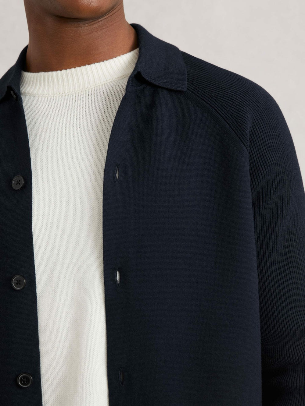 Men Button-Through Ribbed-Sleeve Shirt in Navy Blue