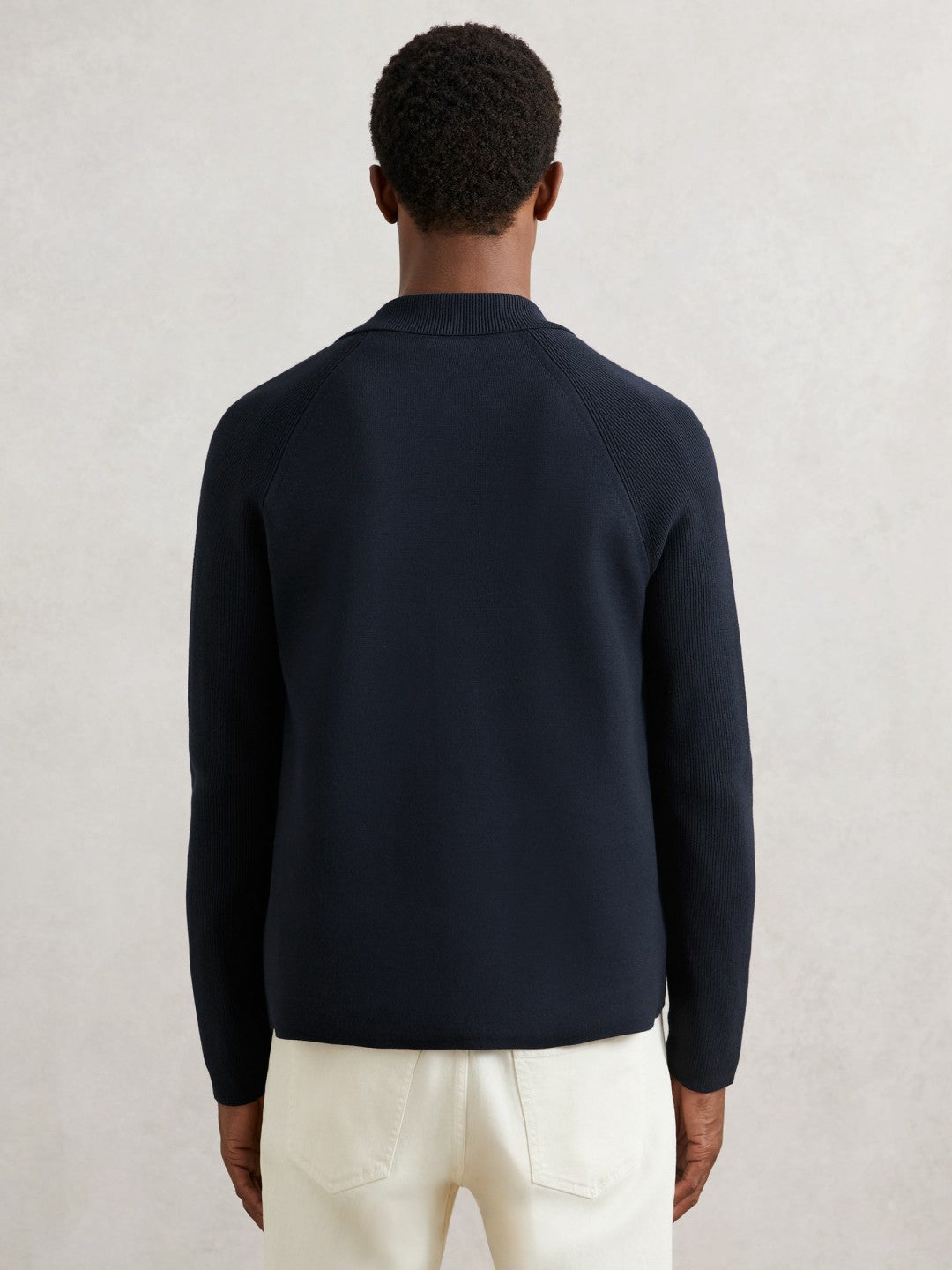 Men Button-Through Ribbed-Sleeve Shirt in Navy Blue