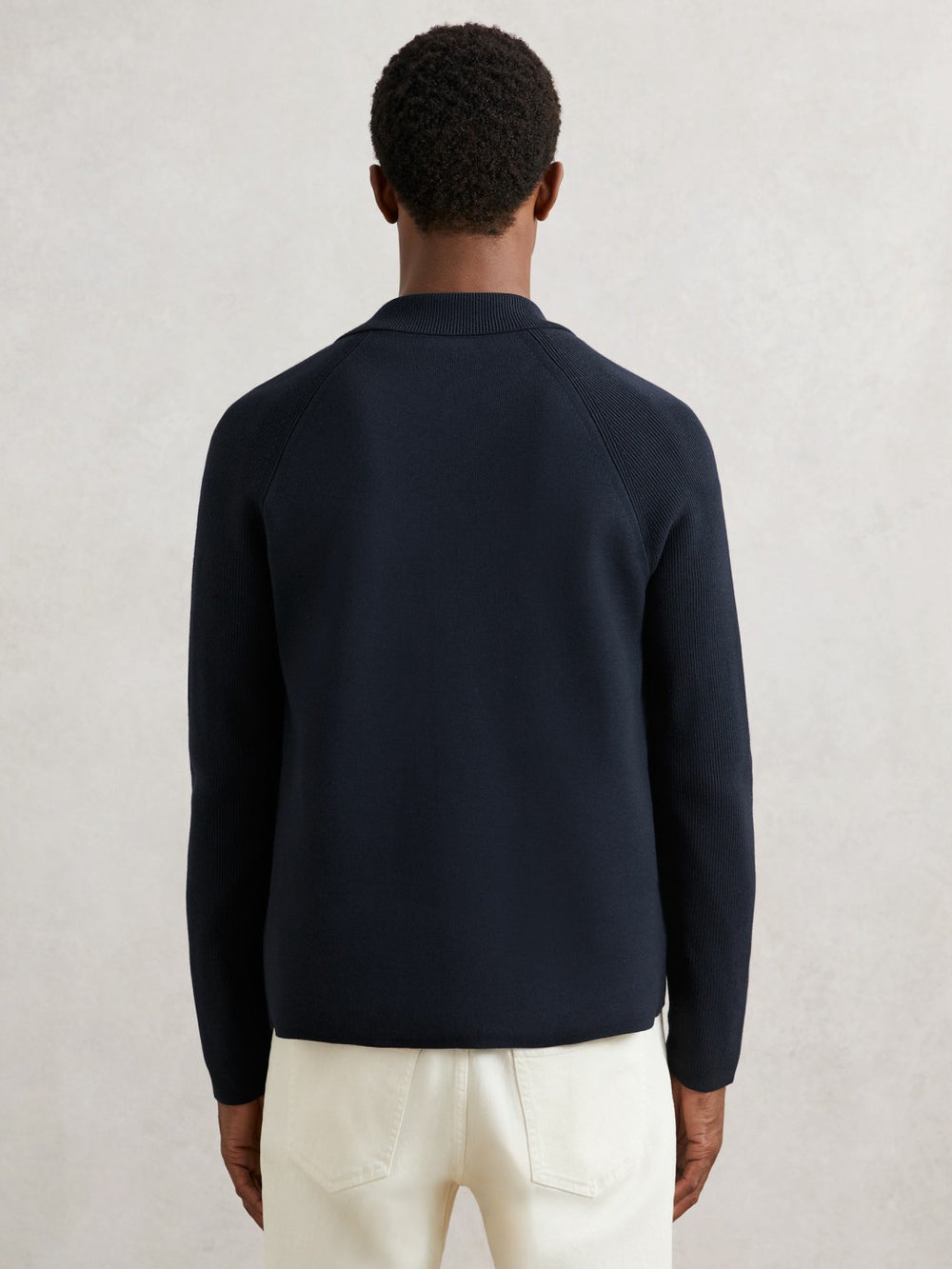 Men Button-Through Ribbed-Sleeve Shirt in Navy Blue