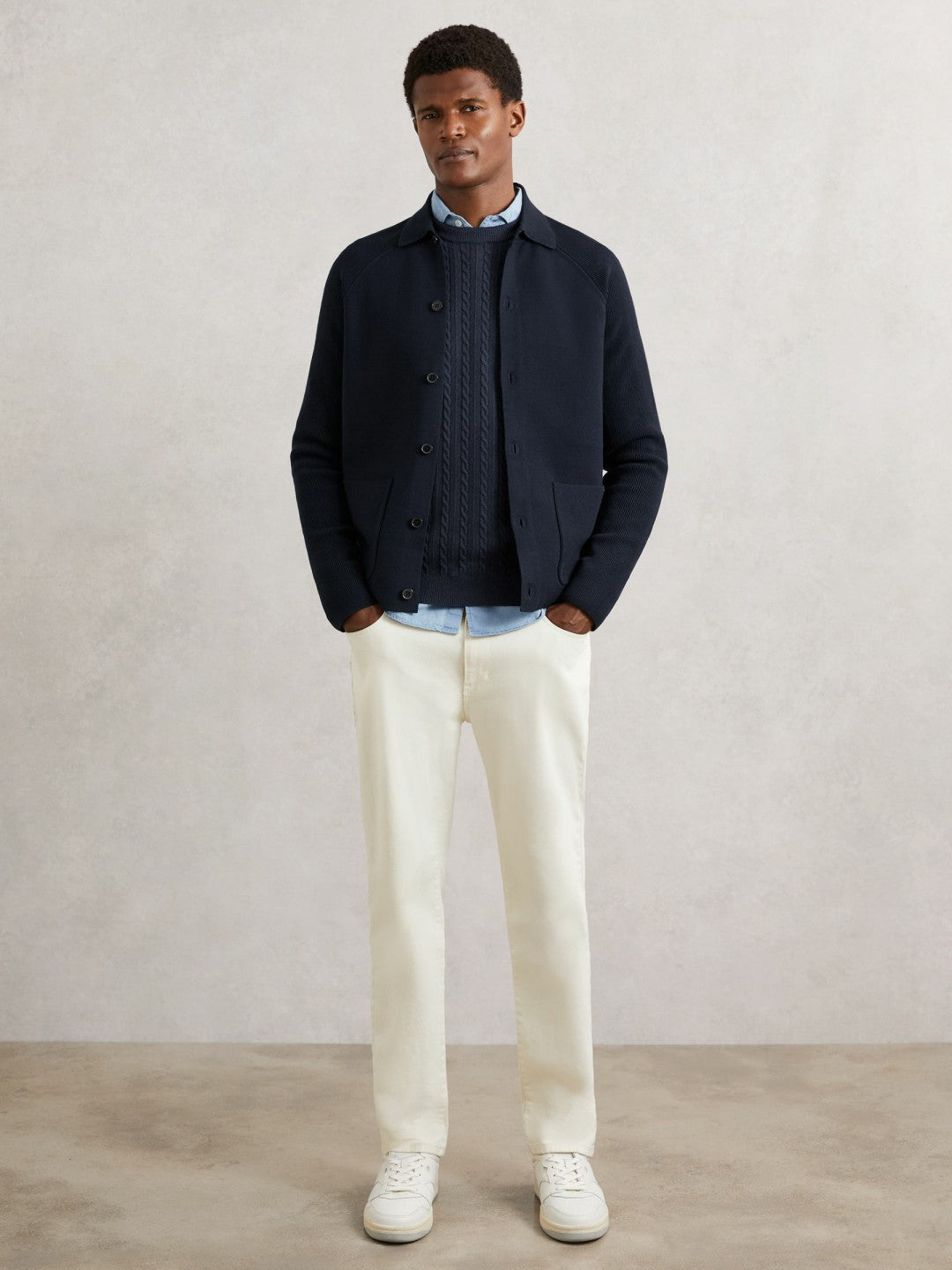 Men Button-Through Ribbed-Sleeve Shirt in Navy Blue
