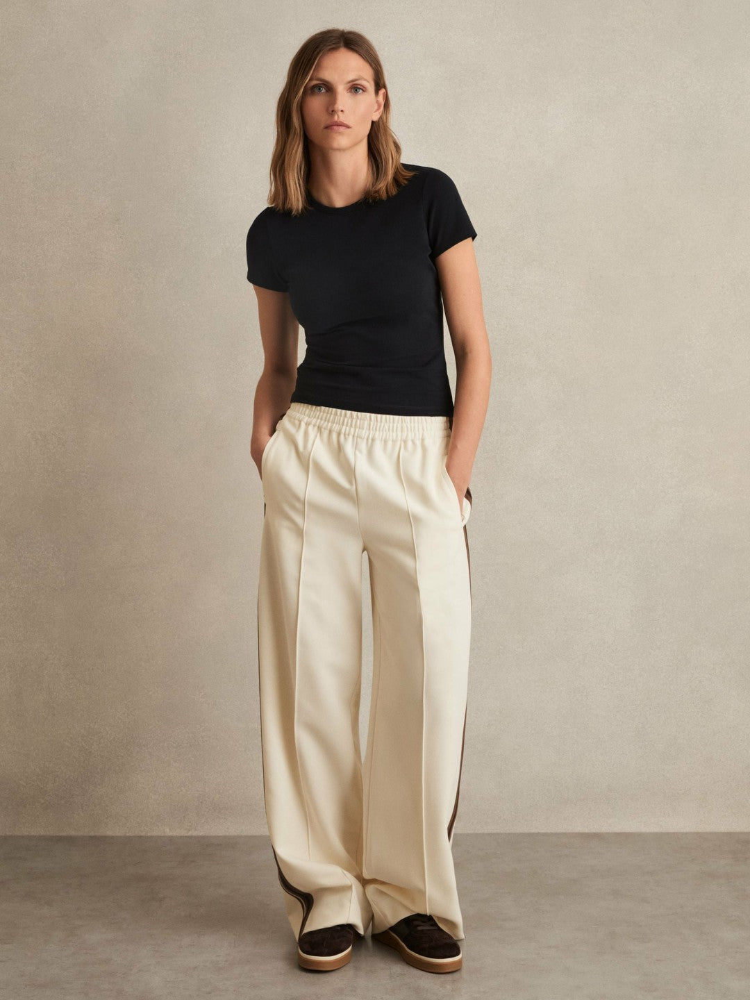 Women Petite Side-Stripe Wide-Leg Trousers in Cream