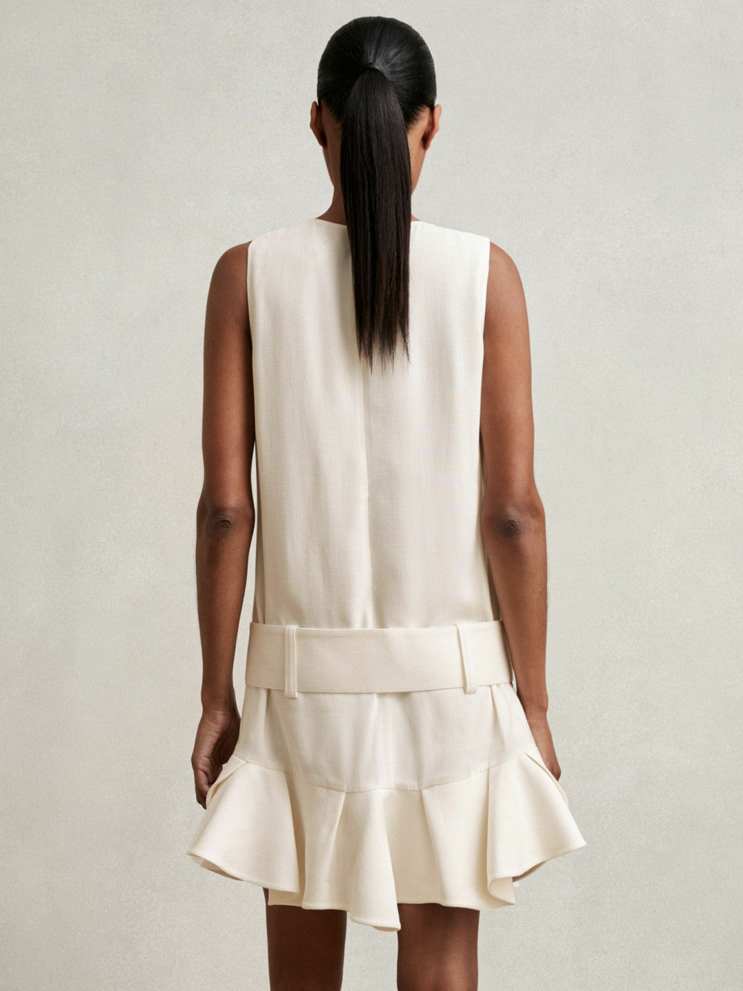 Women Ruffle Hem Belted Mini Dress in Ivory