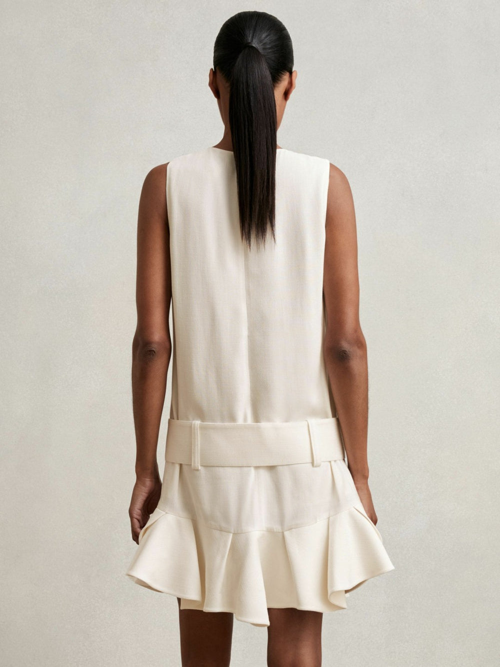 Women Ruffle Hem Belted Mini Dress in Ivory