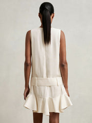 Women Ruffle Hem Belted Mini Dress in Ivory