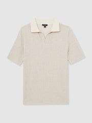 Men Cotton-Blend Stripe Polo Shirt in Ecru/Taupe Brown