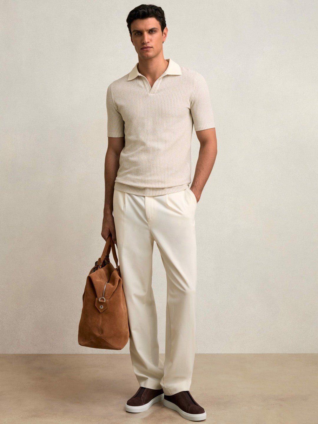 Men Cotton-Blend Stripe Polo Shirt in Ecru/Taupe Brown