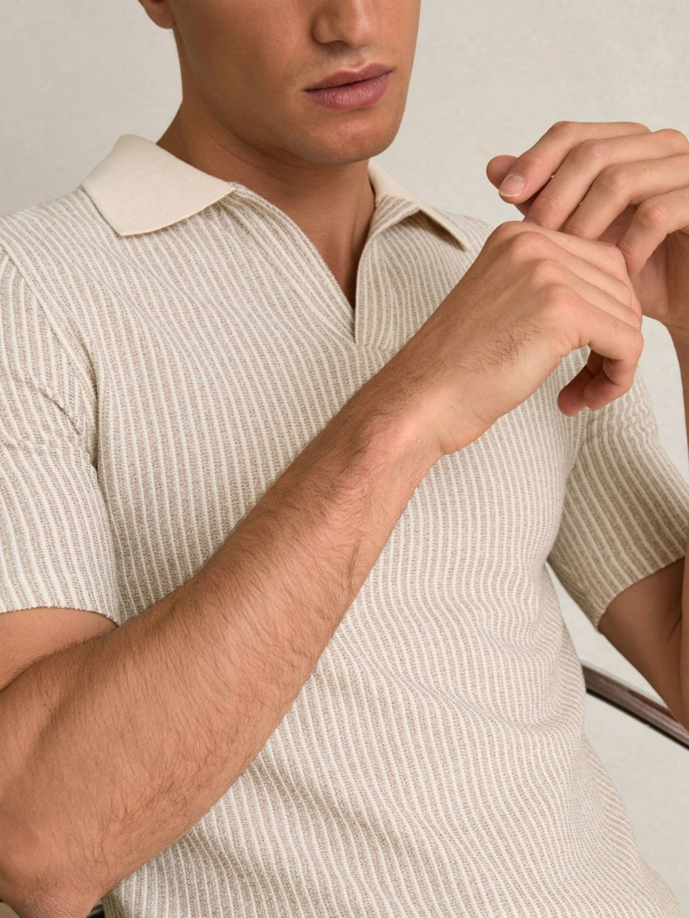 Men Cotton-Blend Stripe Polo Shirt in Ecru/Taupe Brown