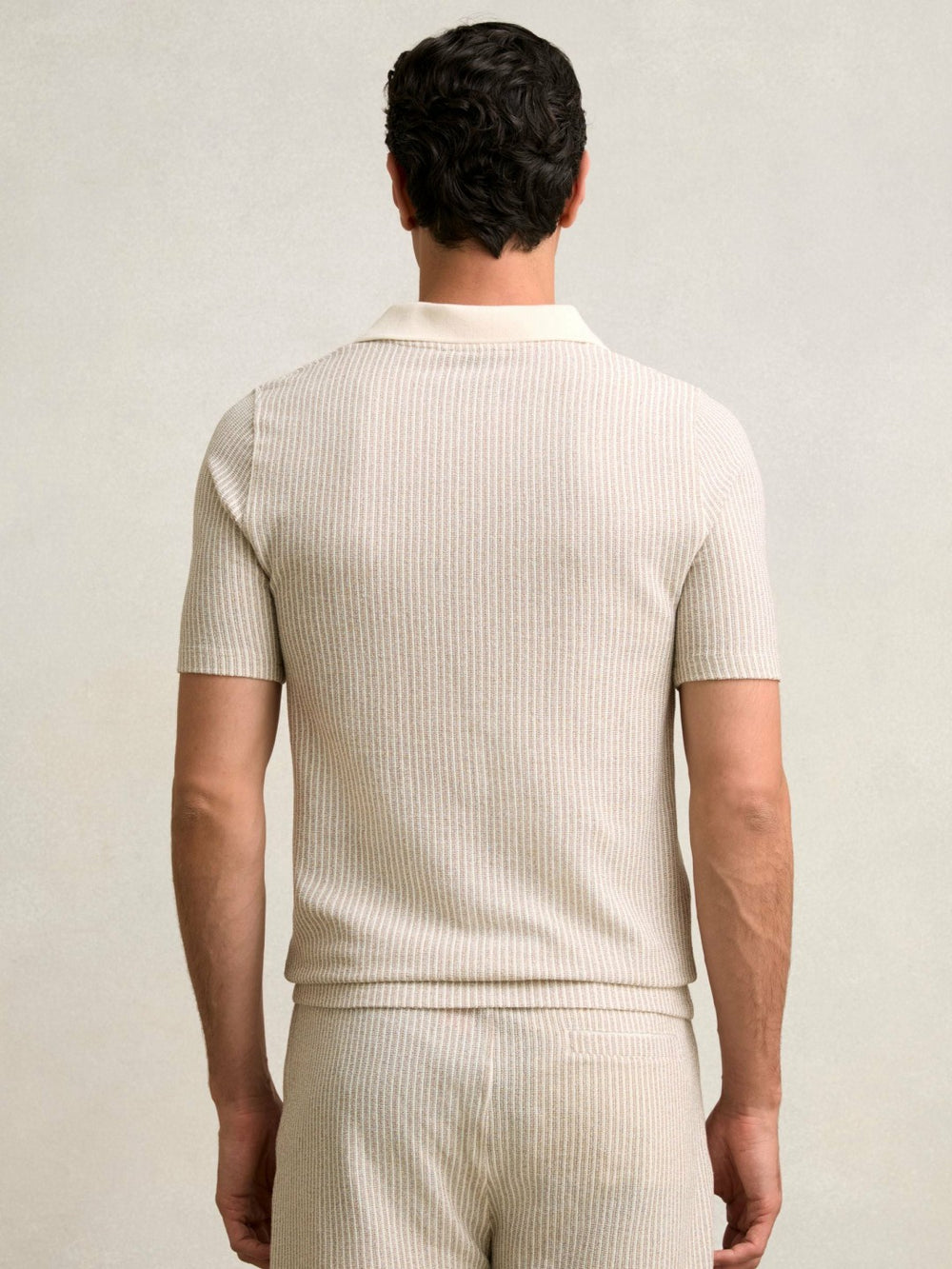 Men Cotton-Blend Stripe Polo Shirt in Ecru/Taupe Brown