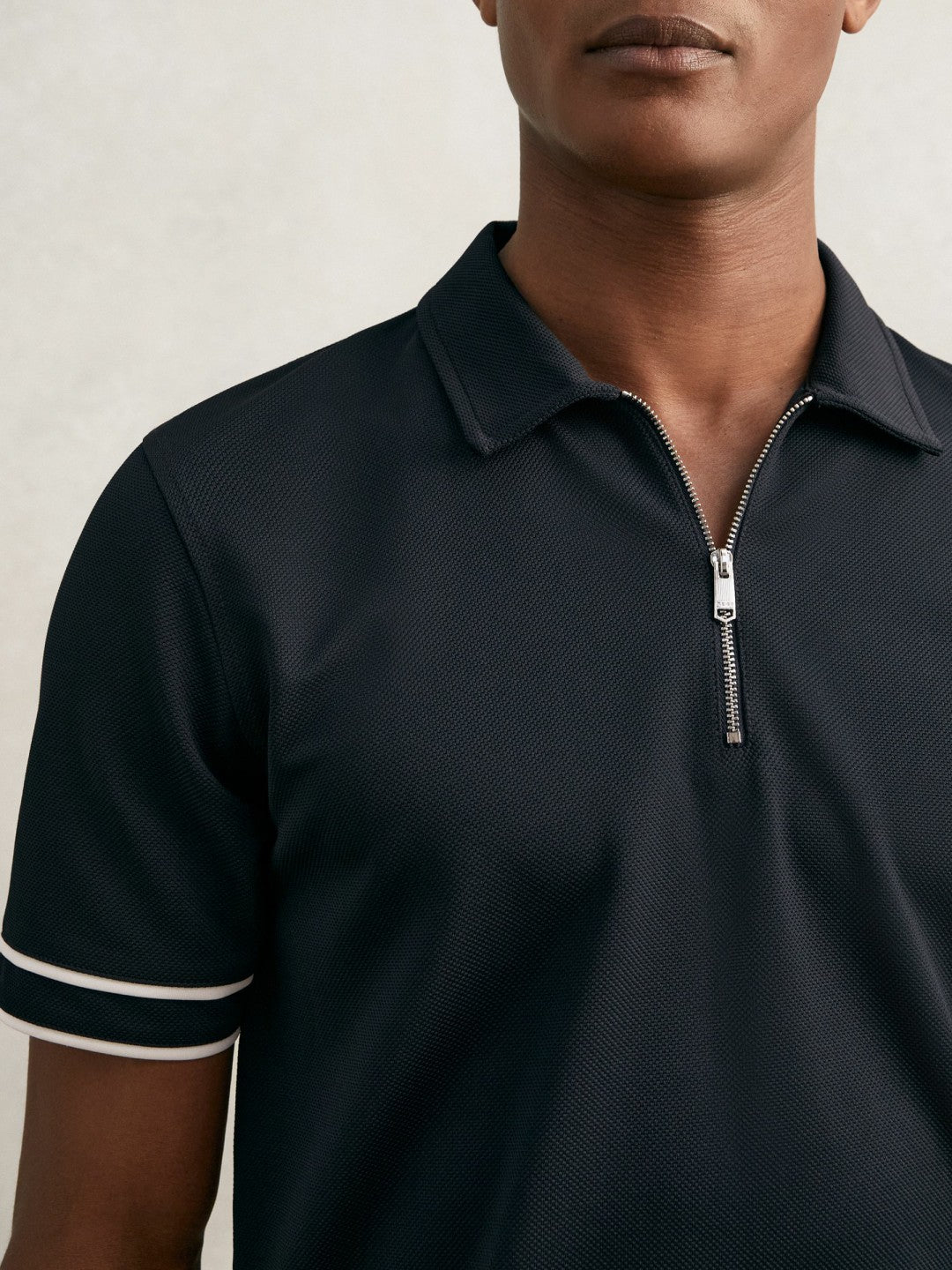 Men Textured Half-Zip Tipped Polo Shirt in Navy