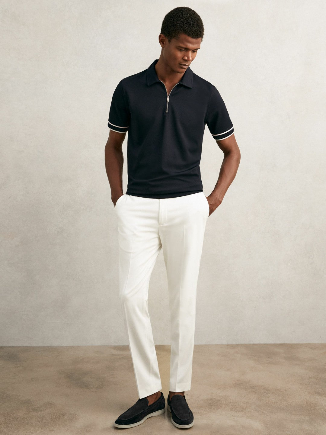 Men Textured Half-Zip Tipped Polo Shirt in Navy