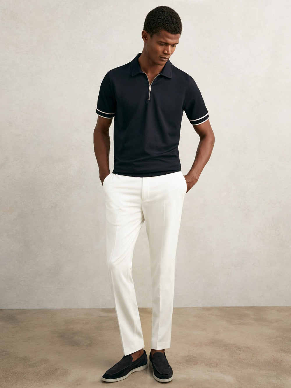 Men Textured Half-Zip Tipped Polo Shirt in Navy