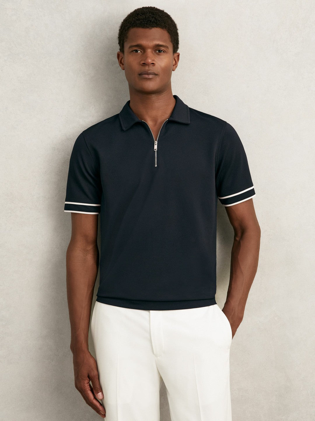 Men Textured Half-Zip Tipped Polo Shirt in Navy