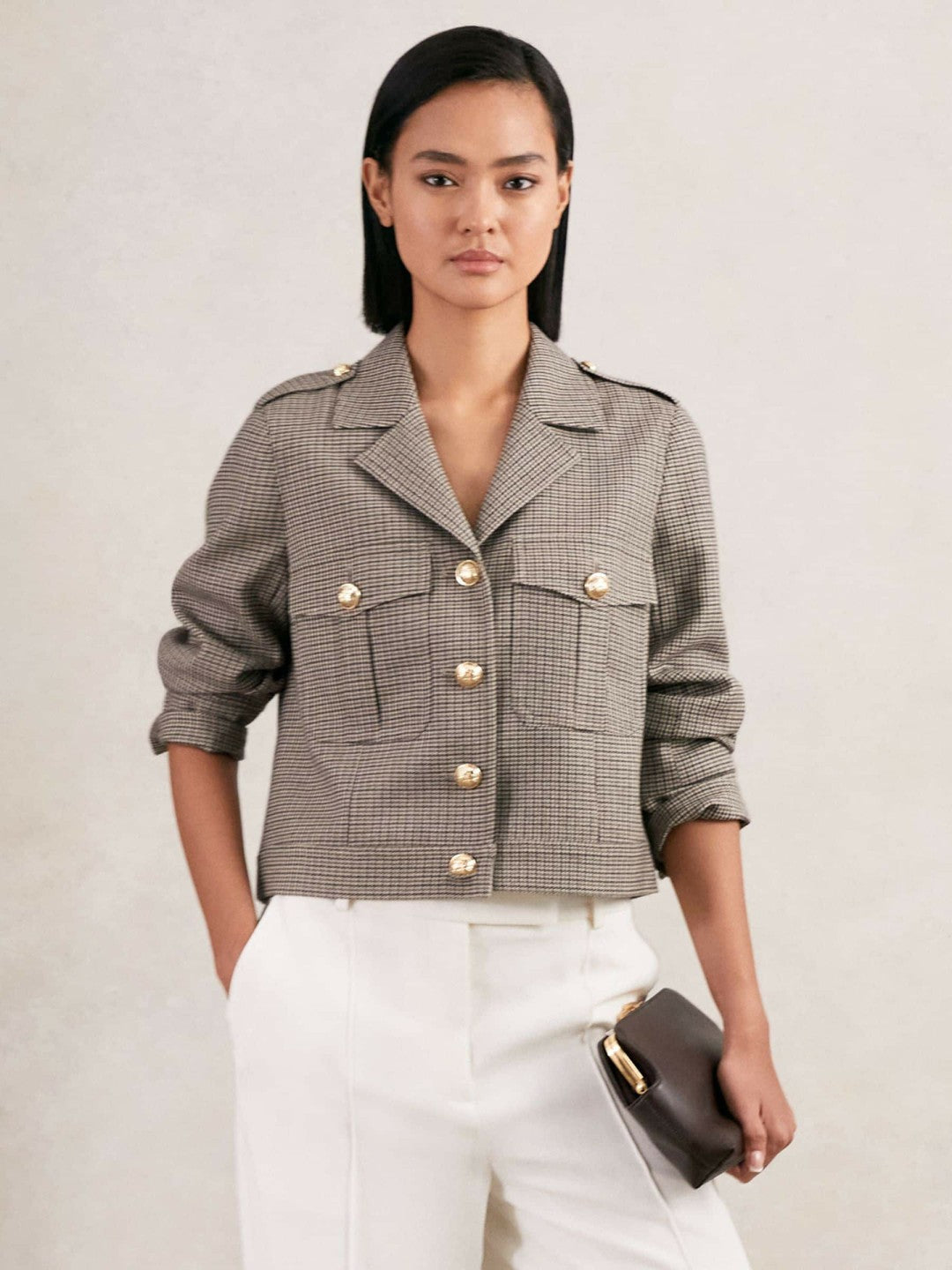 Women Wool Twin-Pocket Cropped Jacket in Neutral Check