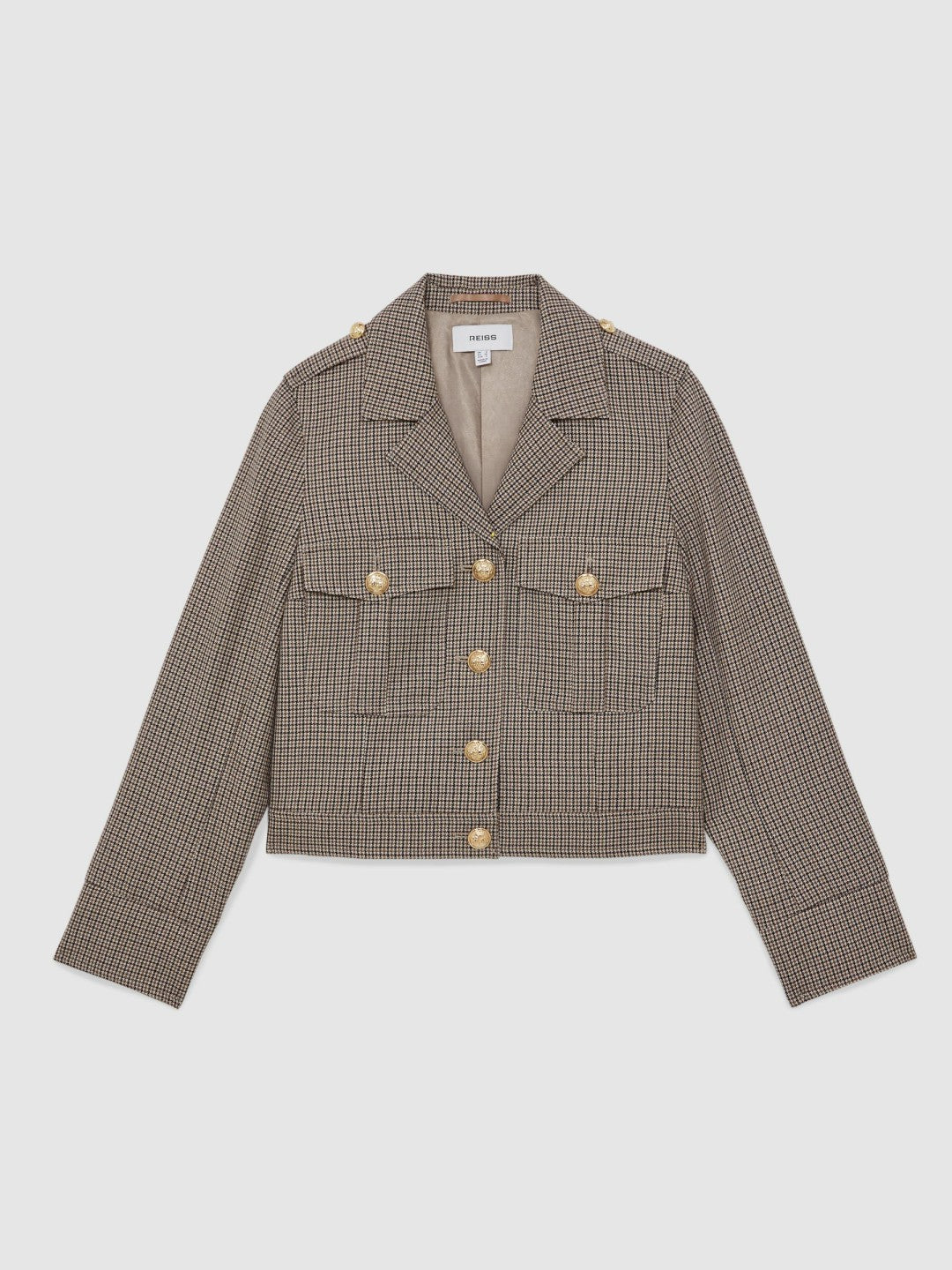 Women Wool Twin-Pocket Cropped Jacket in Neutral Check