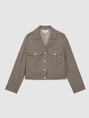 Women Wool Twin-Pocket Cropped Jacket in Neutral Check