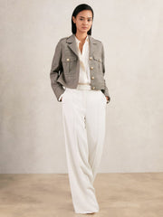 Women Wool Twin-Pocket Cropped Jacket in Neutral Check