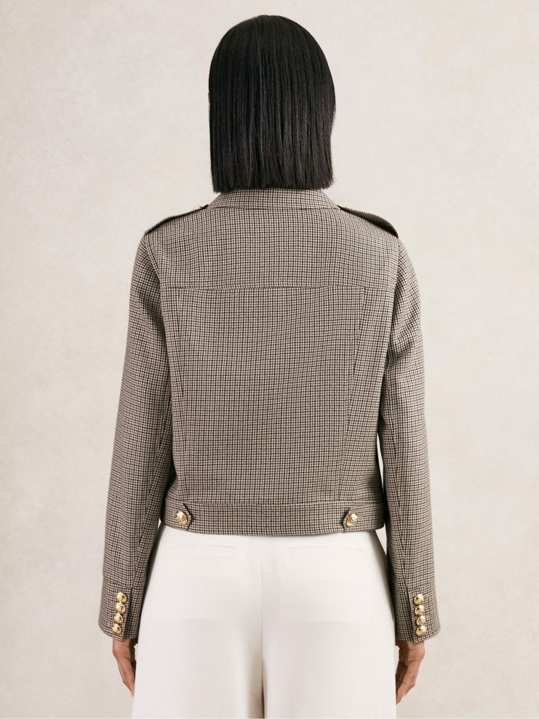 Women Wool Twin-Pocket Cropped Jacket in Neutral Check