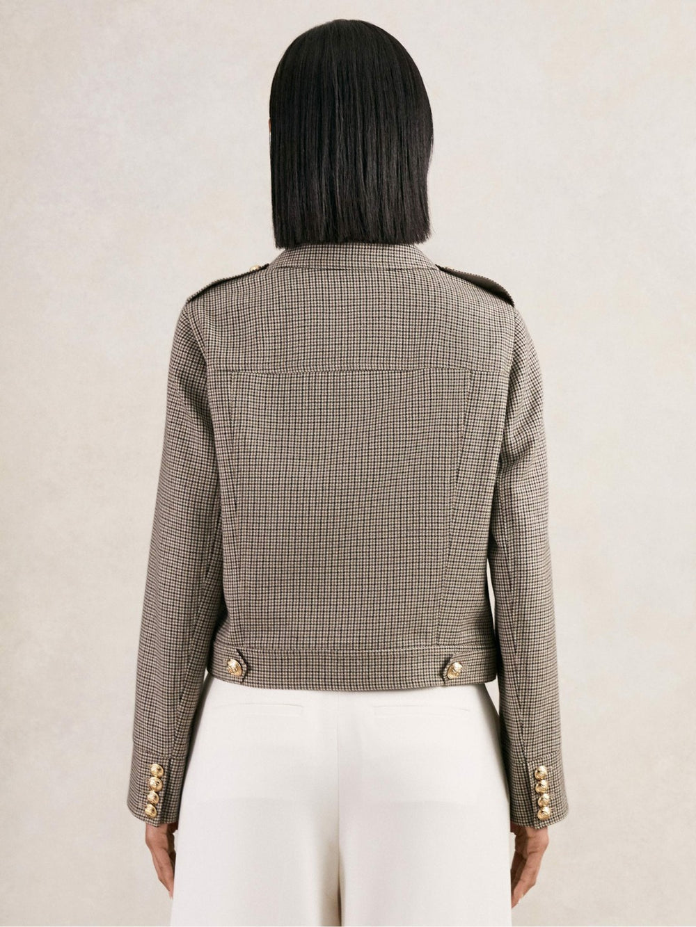 Women Wool Twin-Pocket Cropped Jacket in Neutral Check