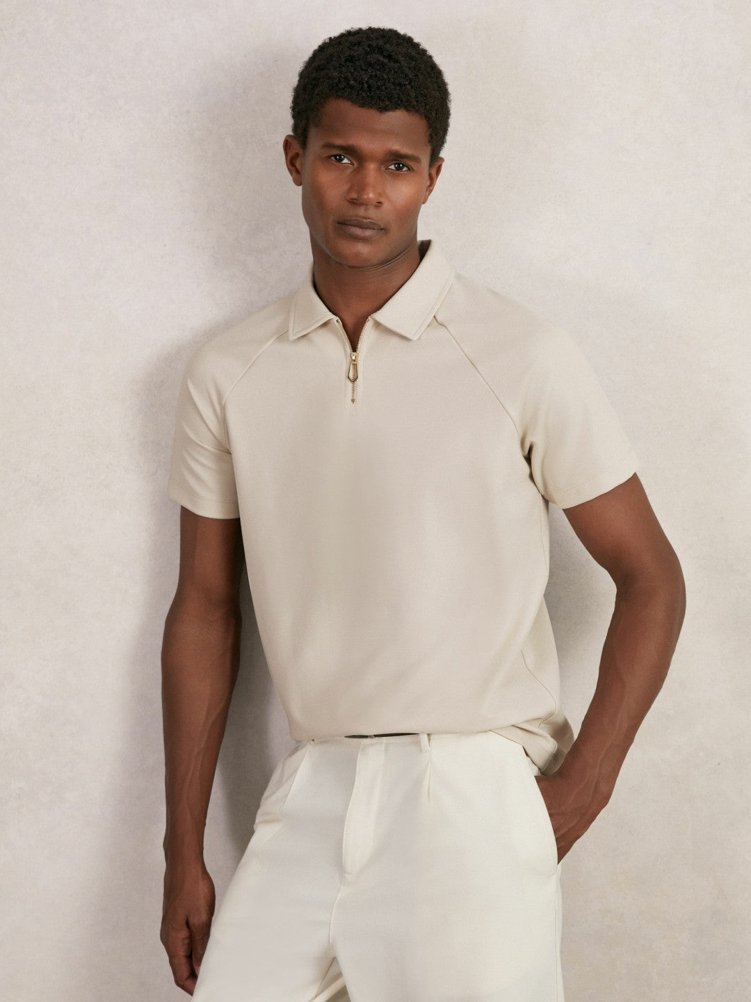 Men Textured Raglan Half-Zip Polo Shirt in Stone