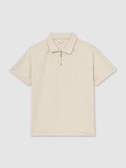 Men Textured Raglan Half-Zip Polo Shirt in Stone