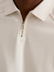 Men Textured Raglan Half-Zip Polo Shirt in Stone