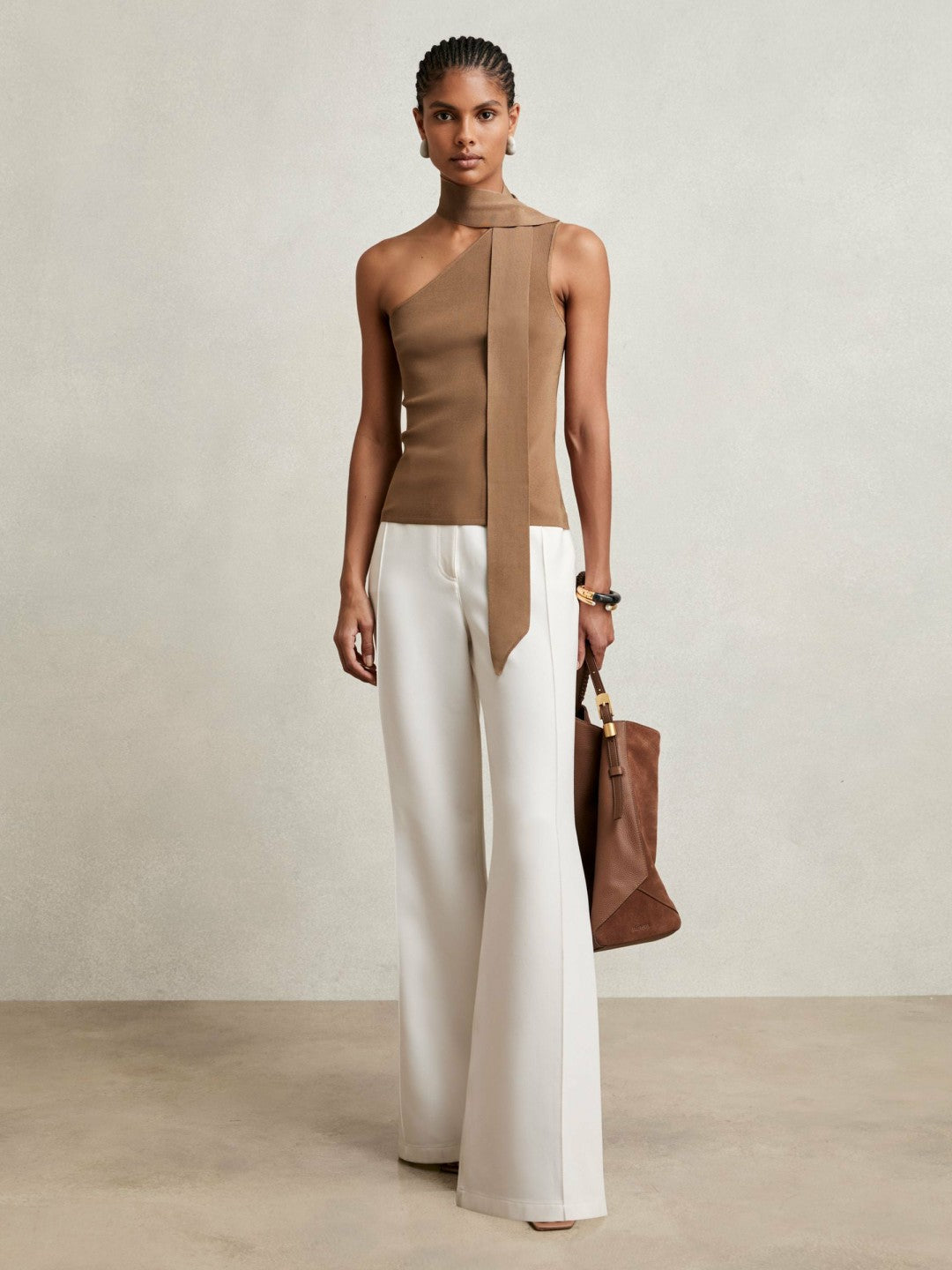 Women One Shoulder Scarf Top in Taupe Neutral