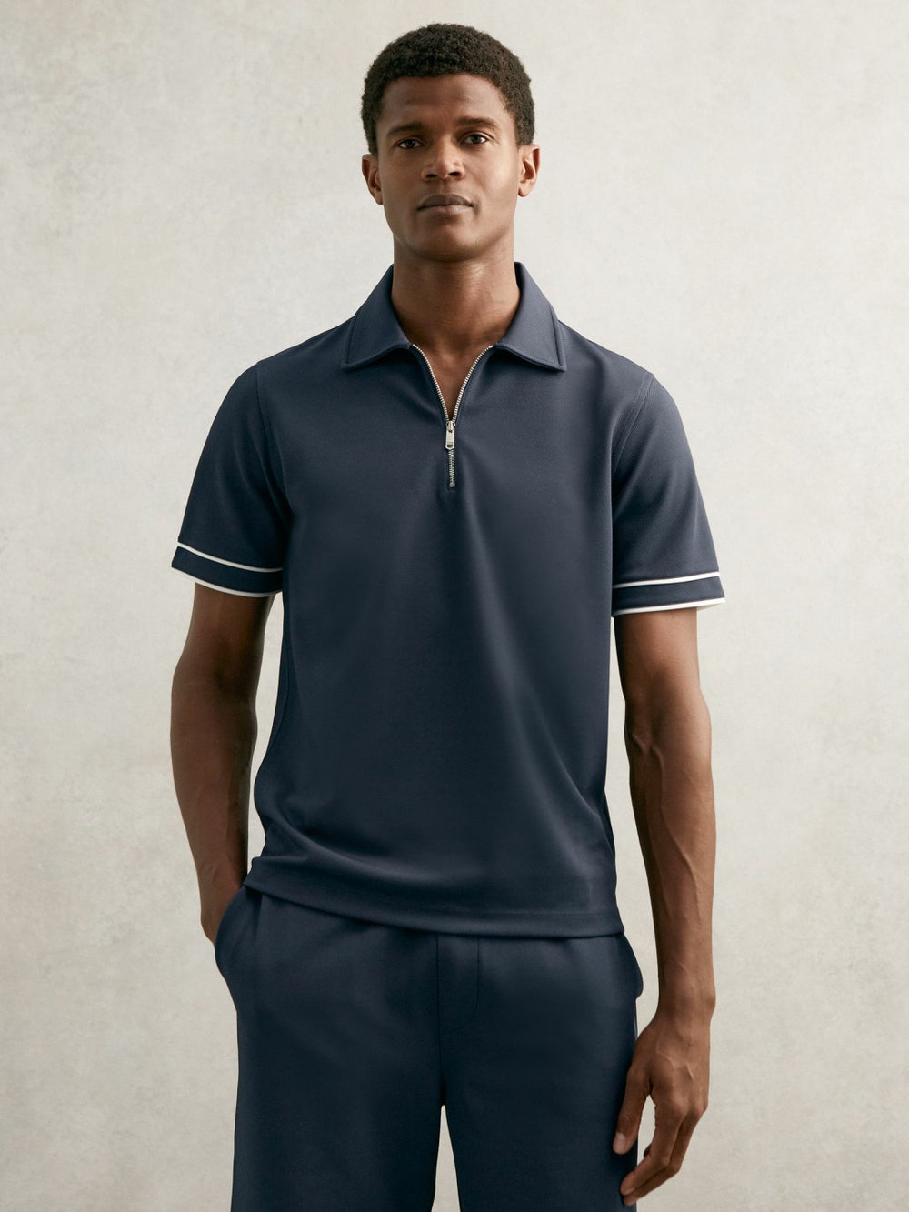 Men Textured Half-Zip Tipped Polo Shirt in Airforce Blue