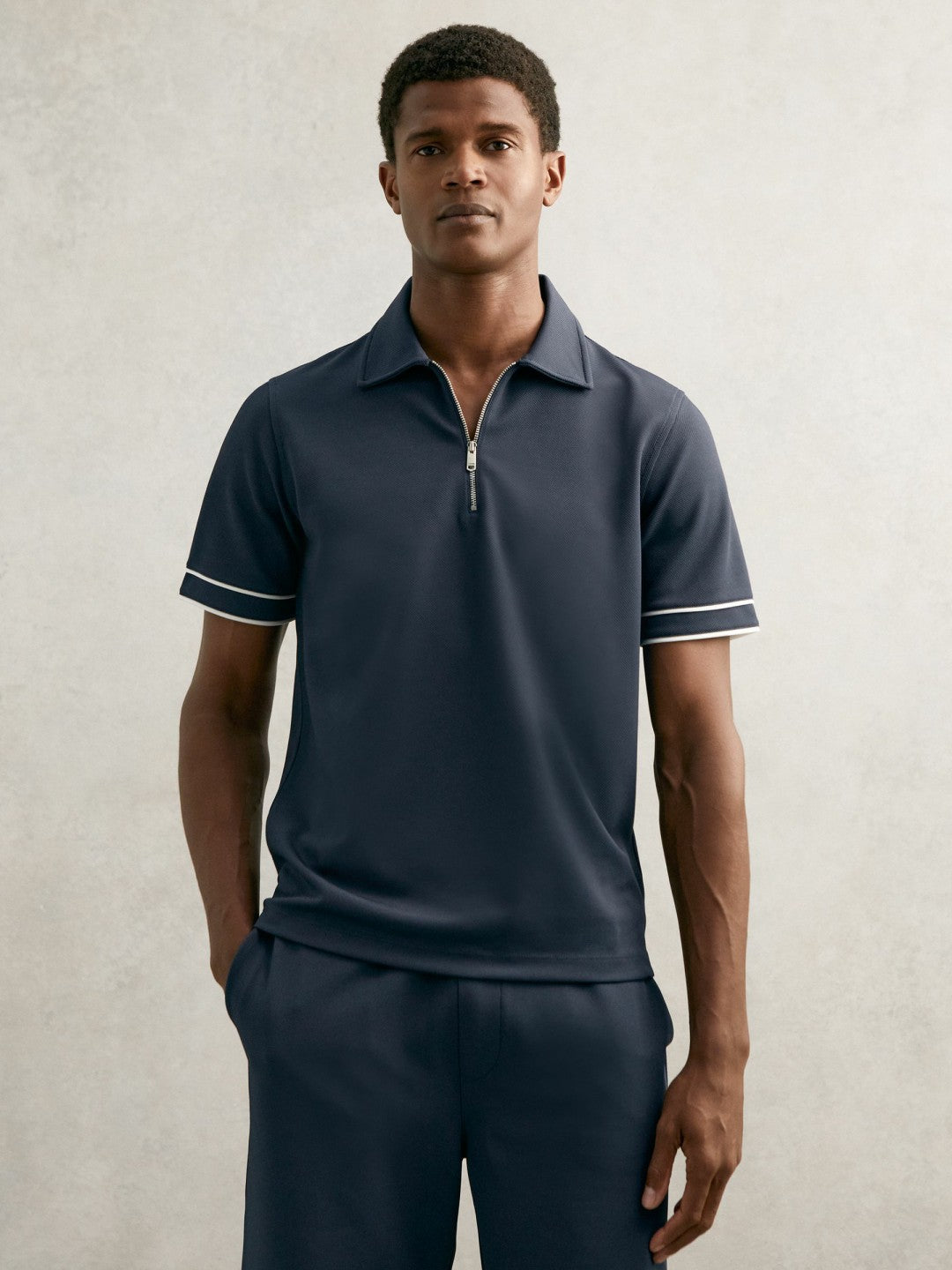 Men Textured Half-Zip Tipped Polo Shirt in Airforce Blue
