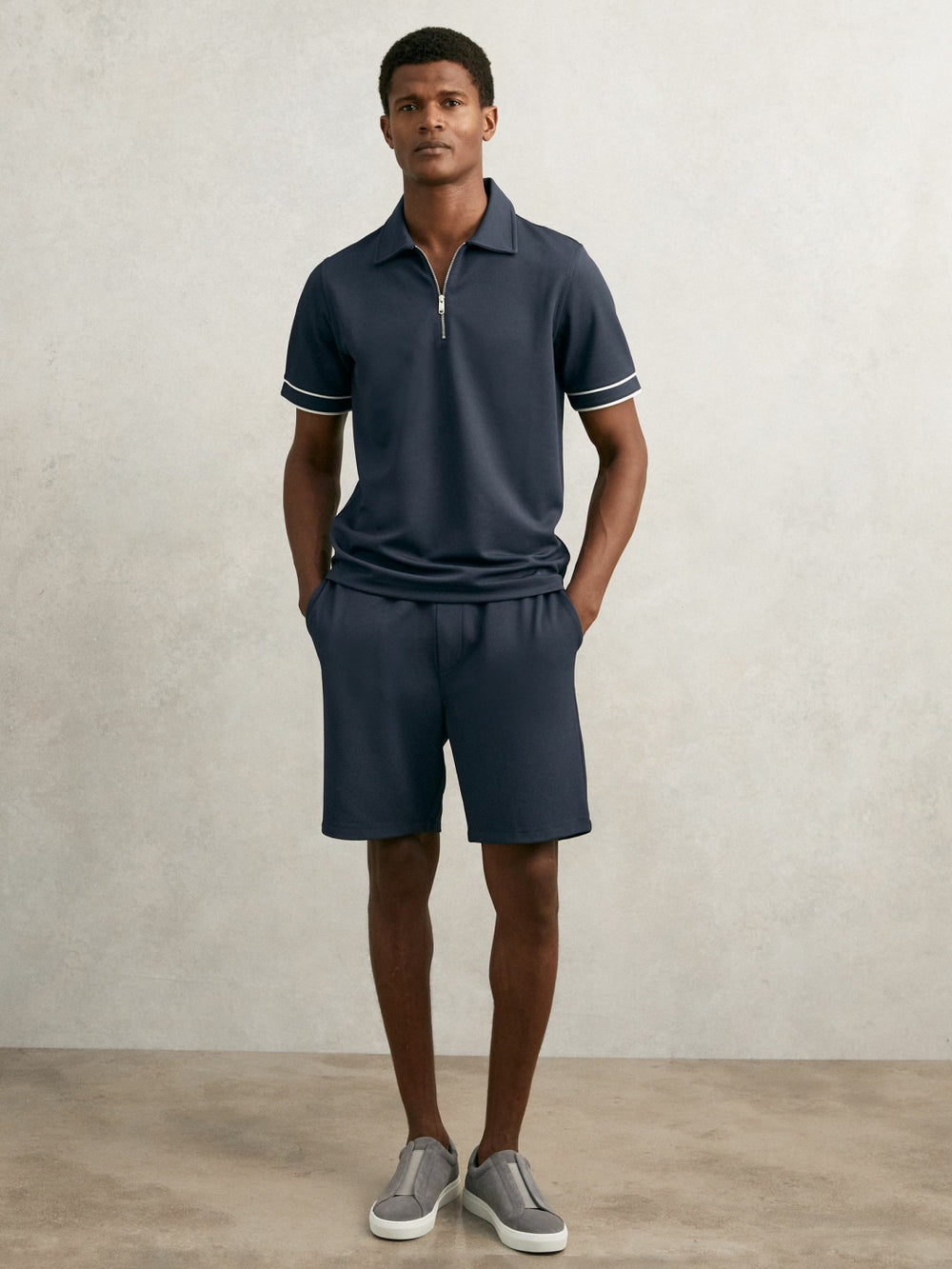 Men Textured Half-Zip Tipped Polo Shirt in Airforce Blue