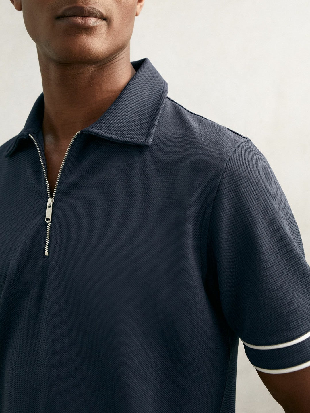 Men Textured Half-Zip Tipped Polo Shirt in Airforce Blue