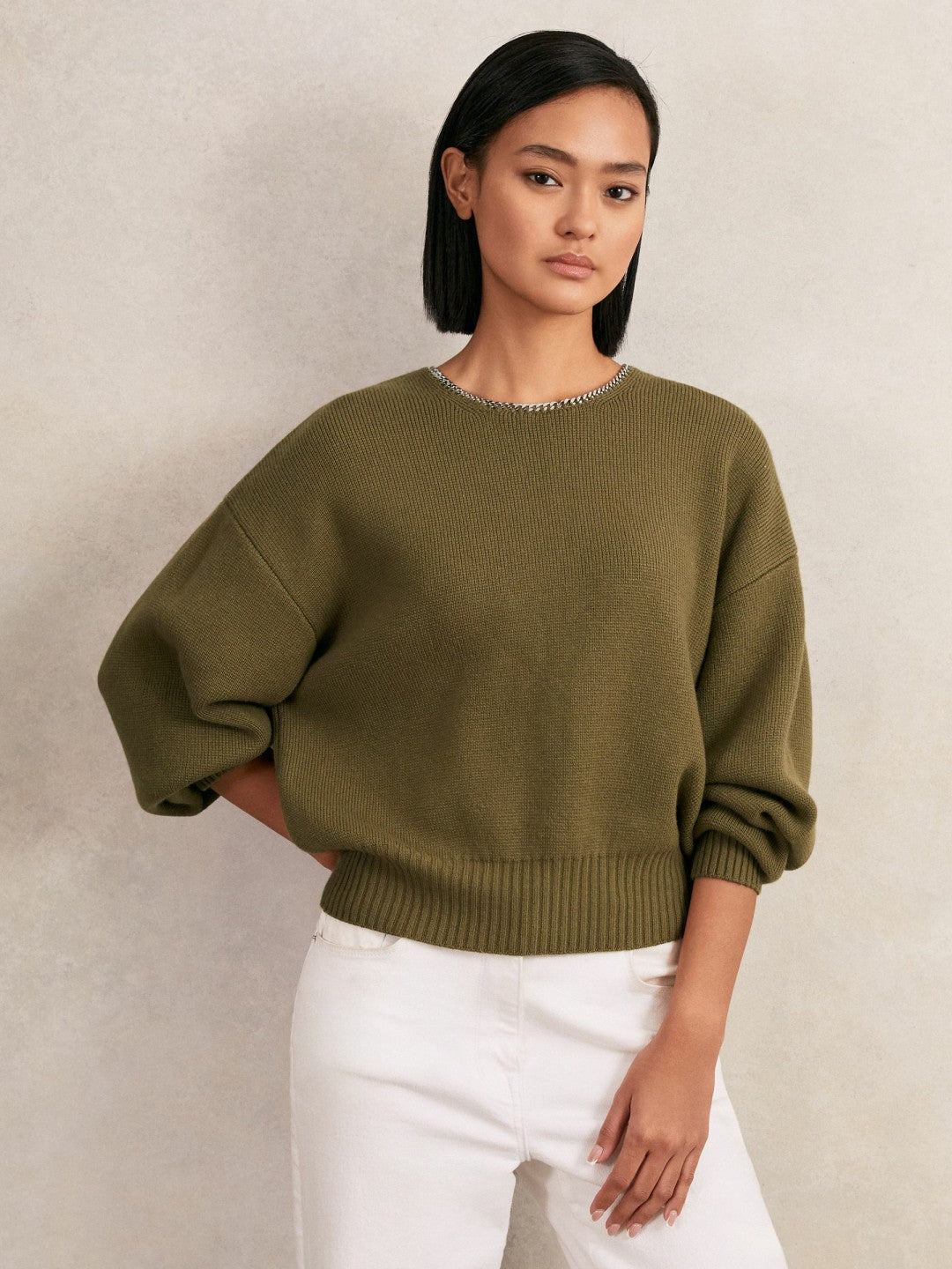 Women Wool-Blend Necklace-Trim Jumper with Cashmere in Sage Green