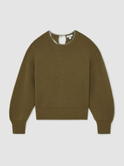 Women Wool-Blend Necklace-Trim Jumper with Cashmere in Sage Green