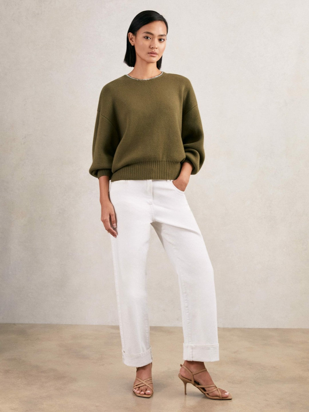 Women Wool-Blend Necklace-Trim Jumper with Cashmere in Sage Green