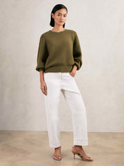 Women Wool-Blend Necklace-Trim Jumper with Cashmere in Sage Green