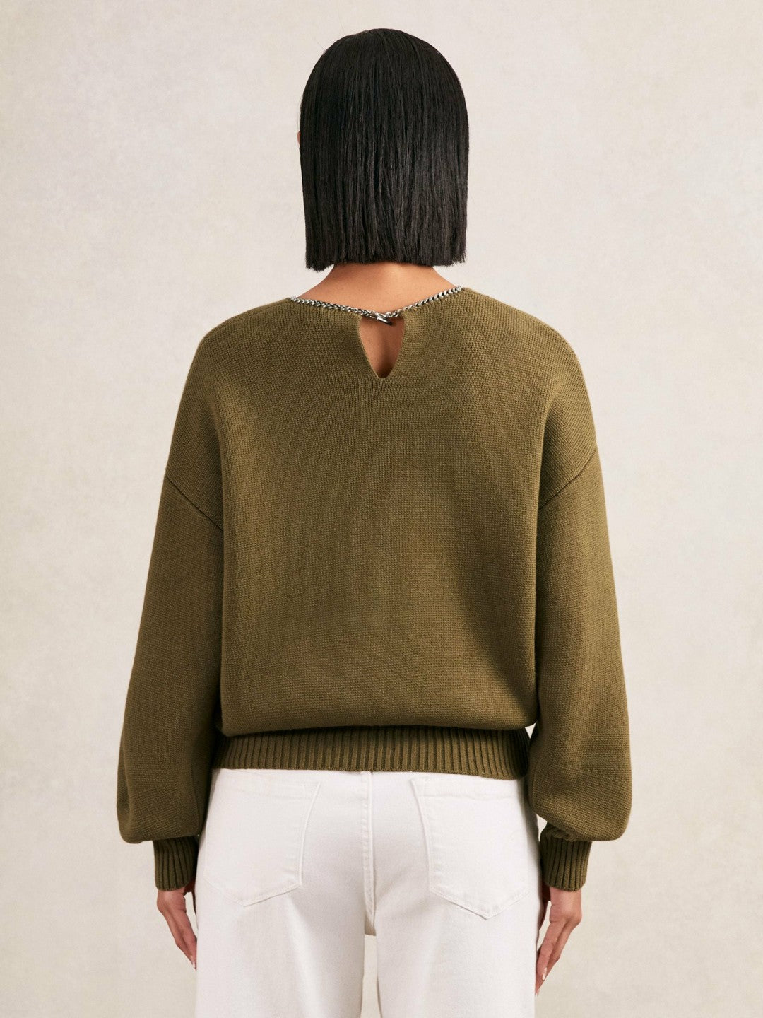 Women Wool-Blend Necklace-Trim Jumper with Cashmere in Sage Green